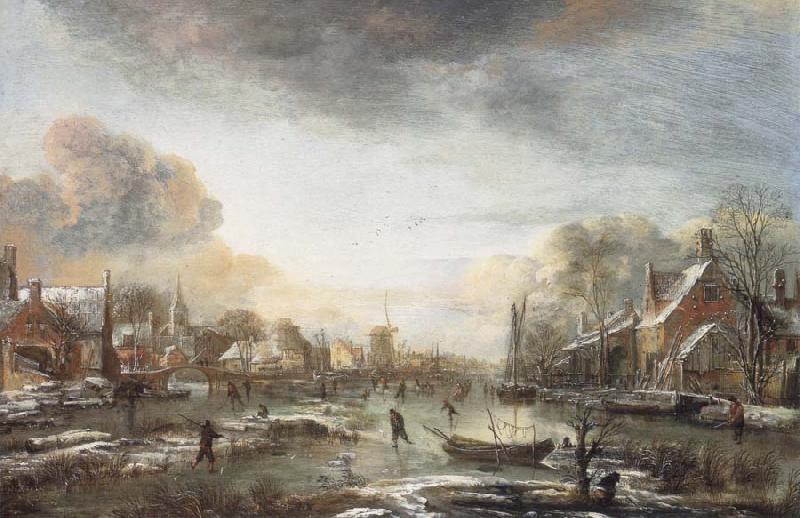 Aert van der Neer A Frozen River by a Town at Evening Sweden oil painting art